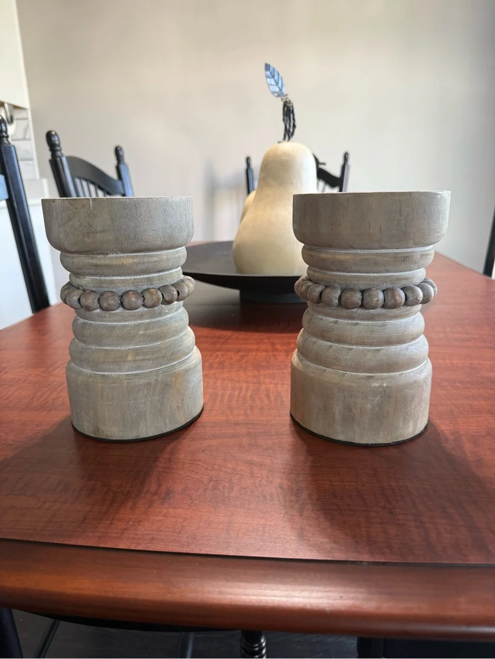 Rustic Grey/ Beige Wooden Beaded Candle Holders - Set of 2
